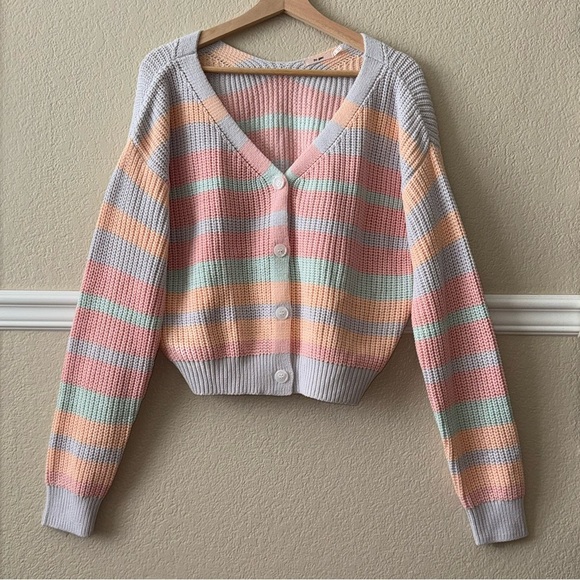 Cotton Blend Striped Colorful Chunky Knit Cardigan Sweater Button Front Large - Picture 12 of 15